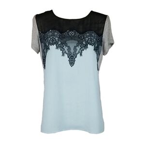 Lace Side Stripe Detailed Light Blue Short Sleeve Tee, Size S